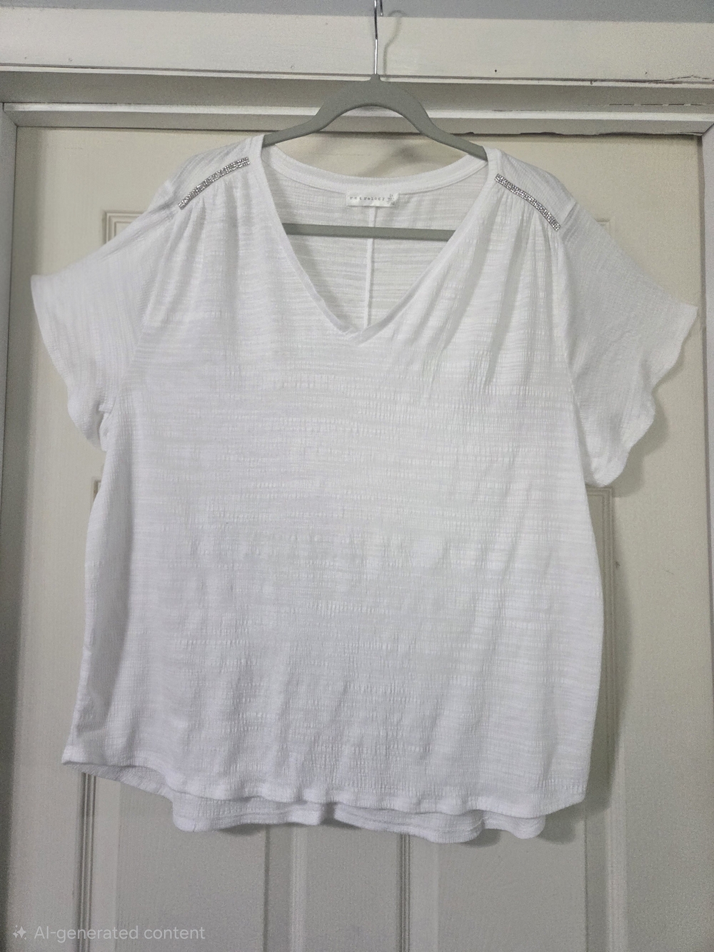 Retrology White V-Neck Blouse Slub Knit Rhinestone Shoulder Accent Top